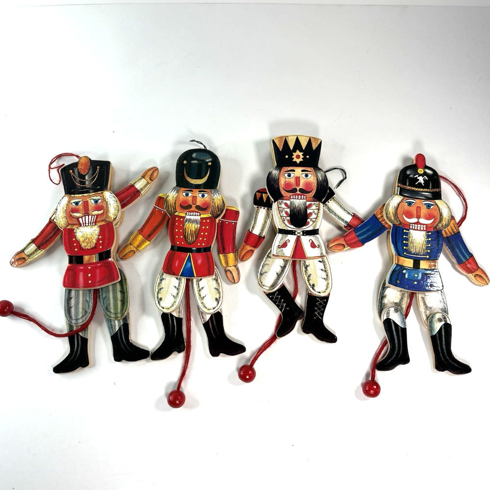 Lot 4 Vtg Nut Cracker Soldier Ornaments Jumping Jack Pull String Xmas 2 Sided